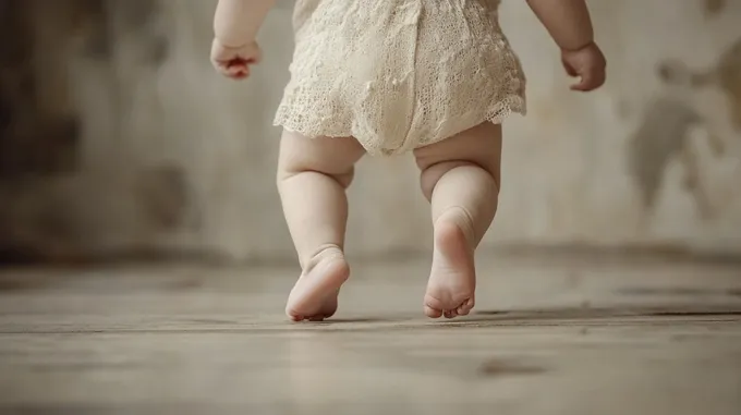 a baby is walking on a wooden floor