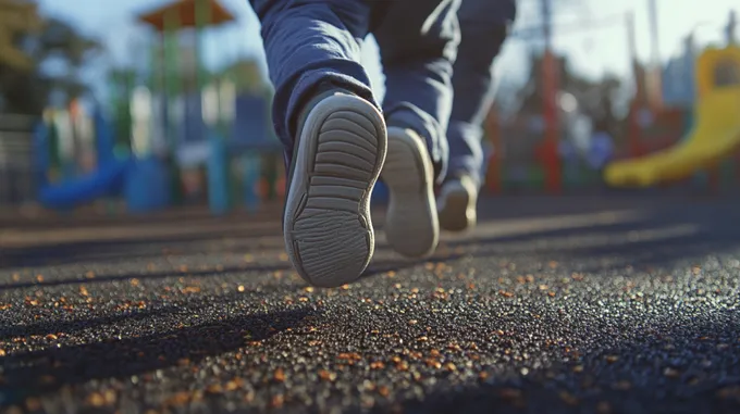 a close up of a person running on a playground