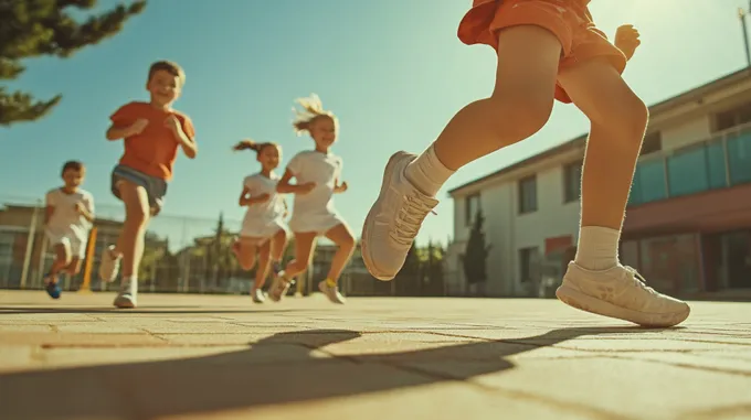 a group of children running down a sidewalk