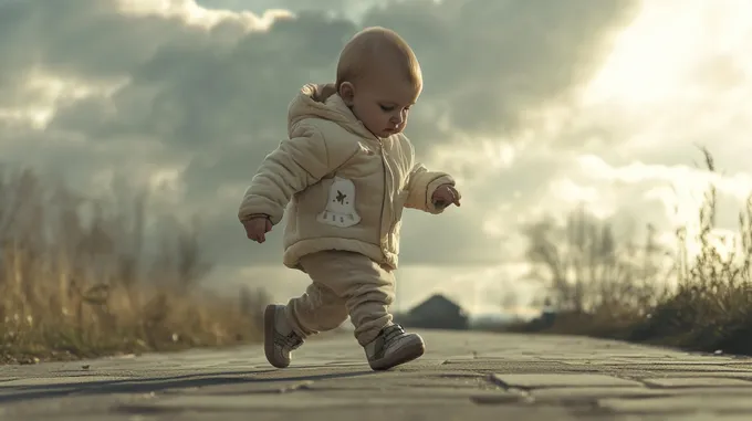 a baby running down a road with a sky background