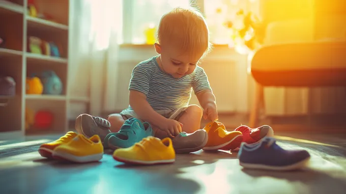 a small child sitting on the floor playing with shoes