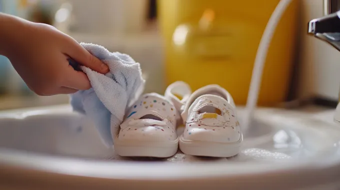 a child's hand holding a cloth over a pair of shoes