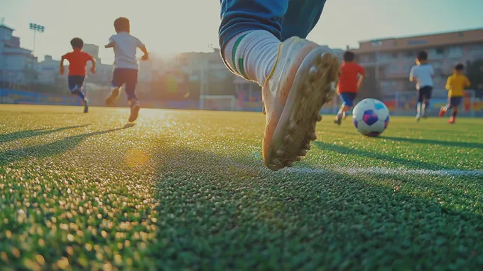 a group of children playing soccer on a field