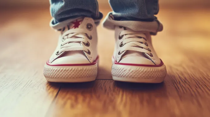 a close up of a person's shoes on a wooden floor