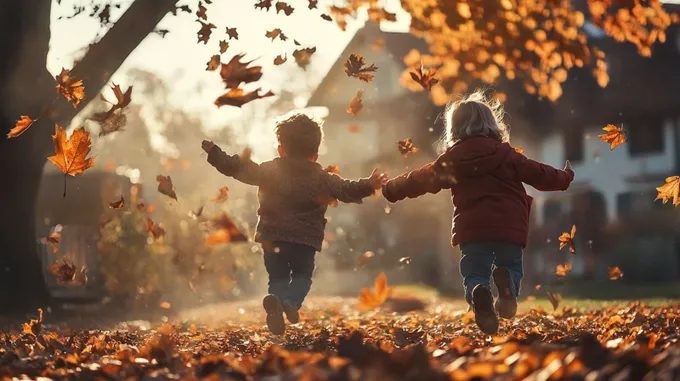 two children running through leaves in a park