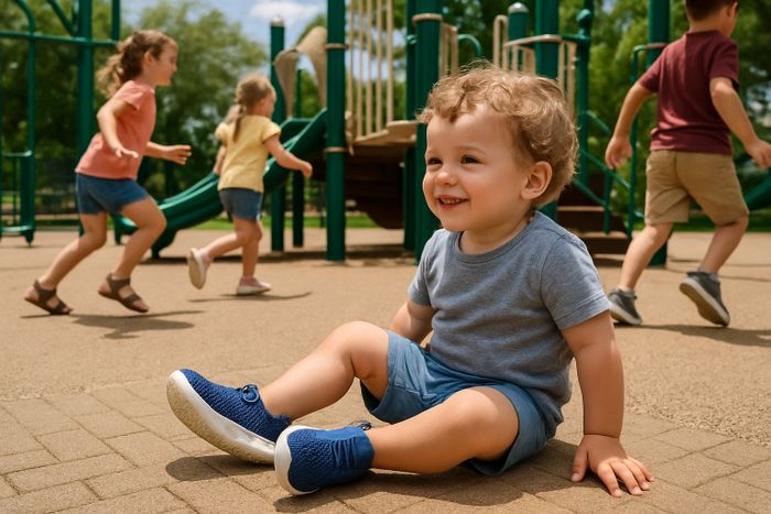 Toddler wearing best breathable shoes while sitting on floor during indoor playtime.
