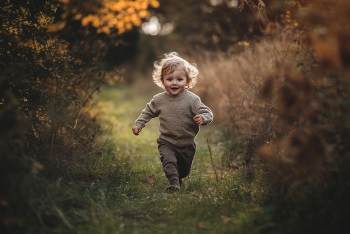 A toddler learning to run on grass.