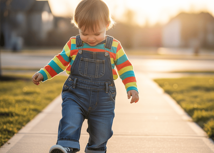 A toddler dragging his foot as he plays.