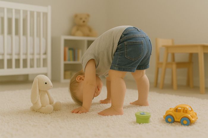 Baby looking between legs showing normal developmental milestone and motor coordination.