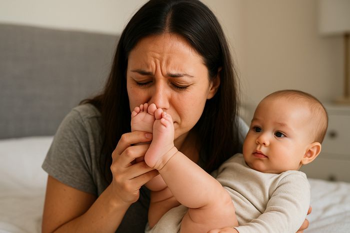Baby's feet being checked by mom for vinegar smell and foot health.