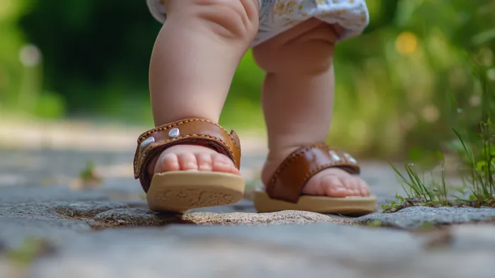 a toddler's feet and sandals on the ground