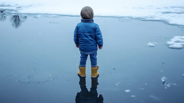 a little boy standing in the middle of a frozen lake