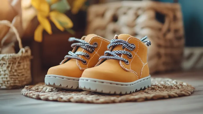 a pair of yellow shoes sitting on top of a rug