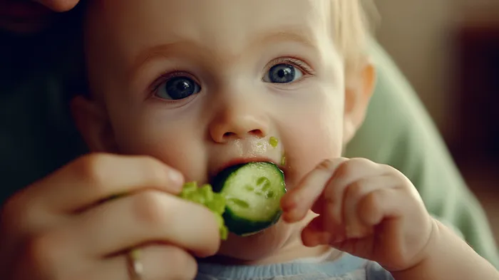 a baby is holding a cucumber in his mouth