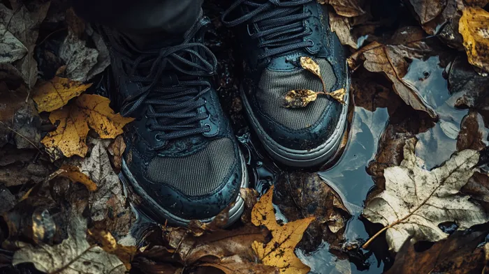 a pair of black shoes sitting on top of leaves