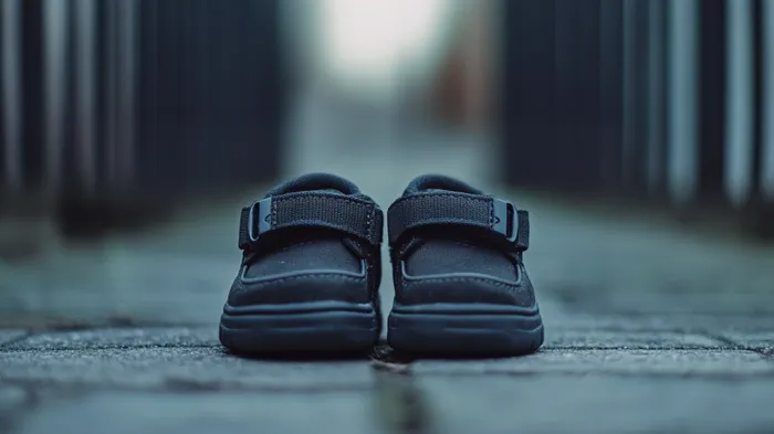 a pair of black shoes sitting on top of a sidewalk