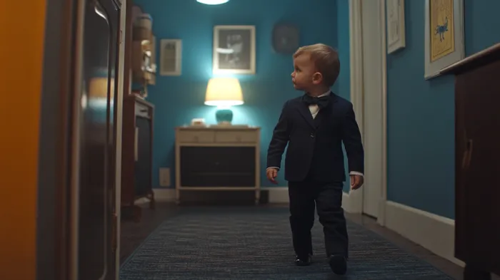 a little boy in a suit walking down a hallway