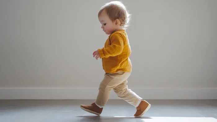 a small child running across a hard wood floor