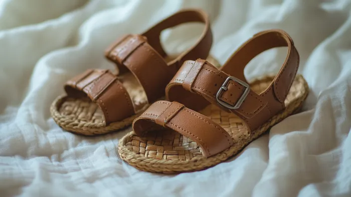 a pair of brown sandals sitting on top of a bed