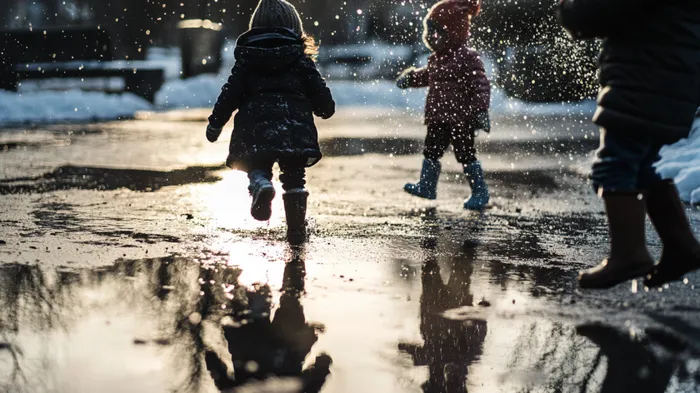 a group of children walking down a street in the rain