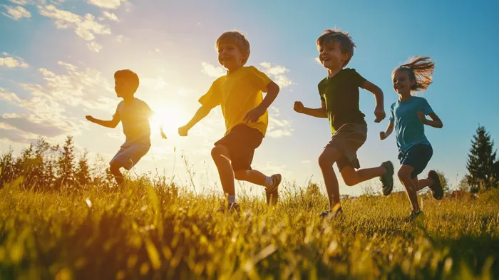 a group of children running in a field