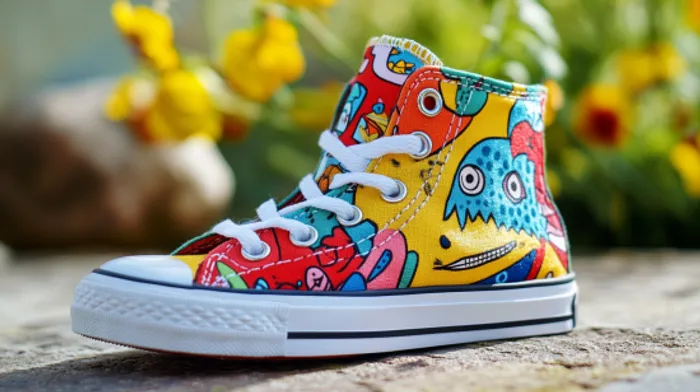 a child's colorful high top sneaker with a dinosaur print