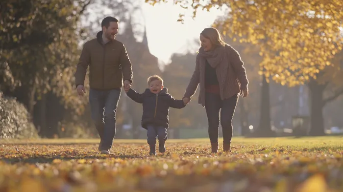 a man, woman and child walking through a park