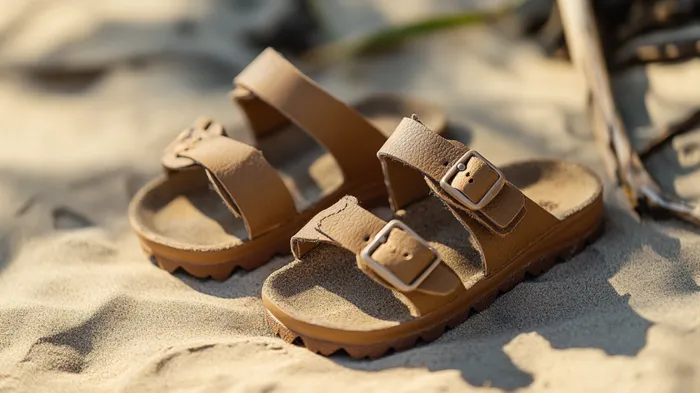 a pair of sandals sitting on top of a sandy beach