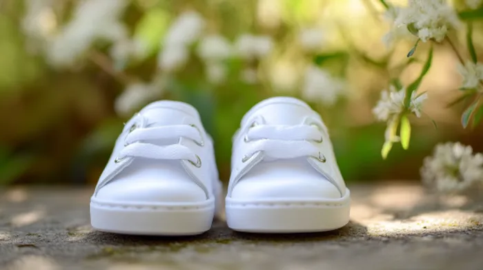 a close up of a pair of white shoes