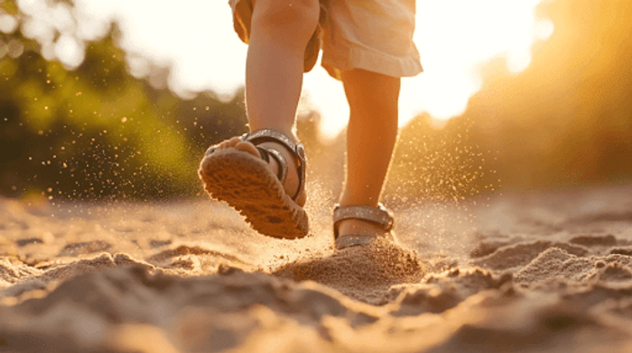 A close up of a child walking on sand.