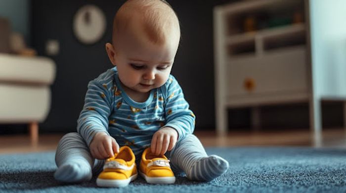 A baby sitting on the floor playing with a pair of shoes.