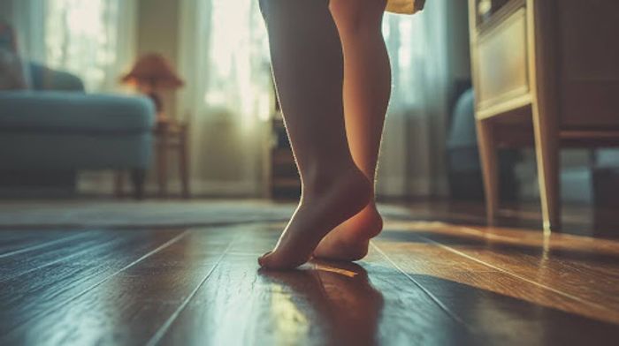 A close up of a child walking on a wooden floor.