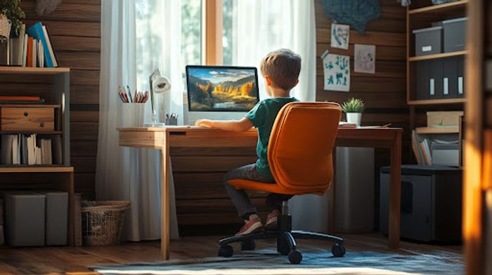 A young boy sitting at a desk with a computer.