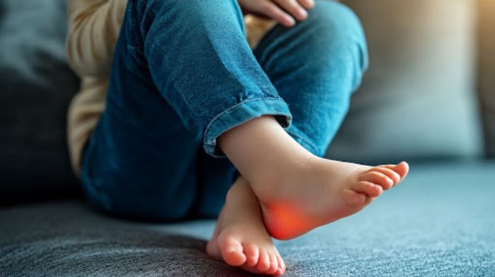 A person sitting on a couch with their foot in the air.