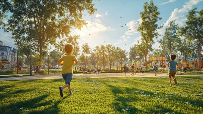 A couple of kids running across a lush green field