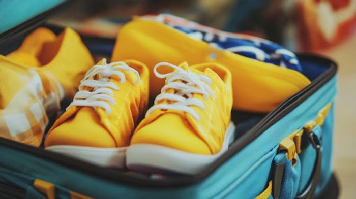 A pair of yellow tennis shoes in a suitcase.