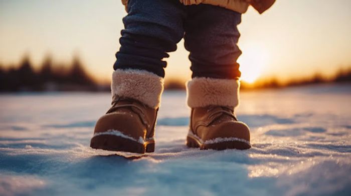 A close up of a child's feet in the snow.