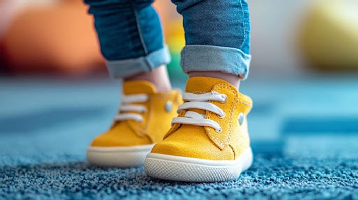 A close up of a person wearing yellow tennis shoes.