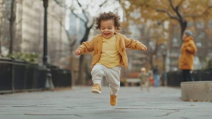 a young child running down a sidewalk in a city