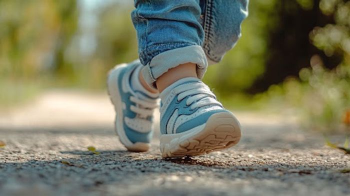 a close up of a person's feet walking down a road.