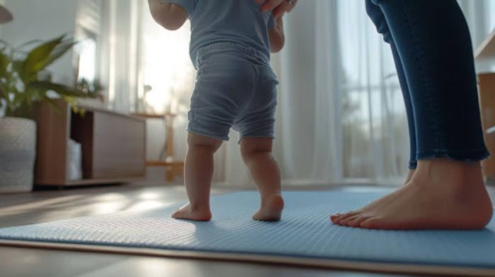 A baby standing on a yoga mat with a woman.