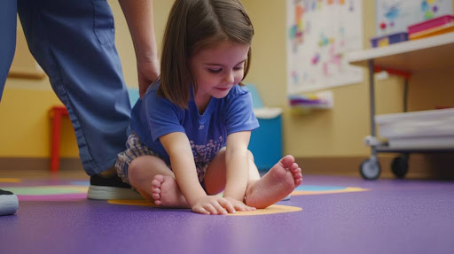 A little girl sitting on the floor playing with a toy.