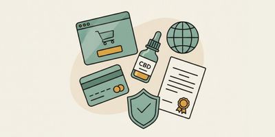 A WooCommerce checkout window, payment card, CBD oil bottle, security shield, compliance certificate, and globe.