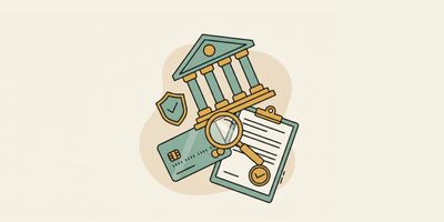 A bank building, payment card, magnifying glass, shield with a checkmark, and clipboard with an approval stamp, representing how an acquiring bank reviews merchants.