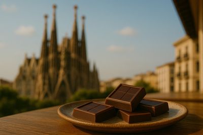 A couple of pieces of chocolate sitting on top of a plate, with a Spanish city in the background.
