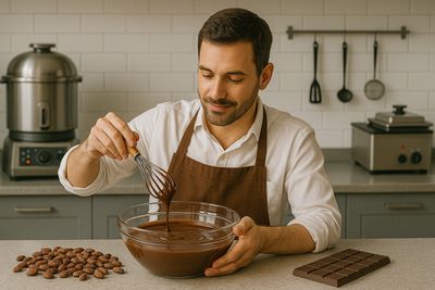 A man in an apron mixing chocolate in a bowl.