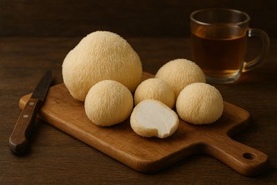 Lion's mane mushroom with white cascading spines on wooden cutting board.