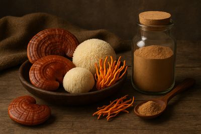 Adaptogenic mushrooms including reishi, lion's mane, and cordyceps displayed on a rustic wooden bowl.