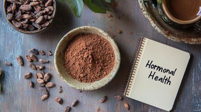 A bowl of cocoa next to a noA book with the words normal health written on it.