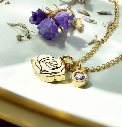 Blooming Initial Birth Flower and Stone Pendant Necklace in 18K Gold Plating